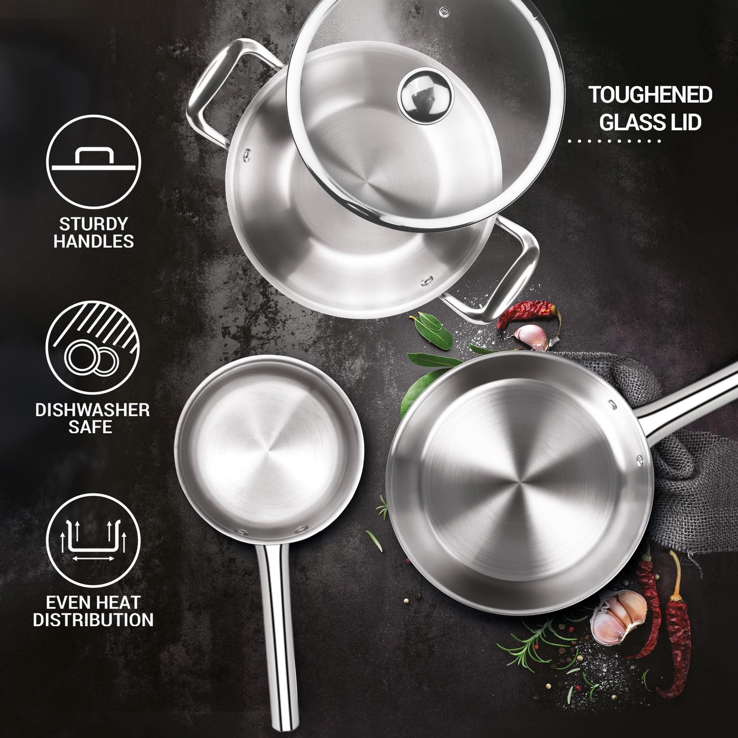 Milton Pro Cook Induction Cookware & Gas Stove Friendly Triply Stainless Steel 4Pc Cookware Set | Tea Pan 16 cm | Fry Pan 22 cm | Kadai with Glass Lid 24 cm | Even & Fast Cooking | 3 Years Warranty