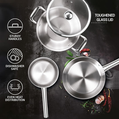 Milton Pro Cook Induction Cookware & Gas Stove Friendly Triply Stainless Steel 4Pc Cookware Set | Tea Pan 16 cm | Fry Pan 22 cm | Kadai with Glass Lid 24 cm | Even & Fast Cooking | 3 Years Warranty