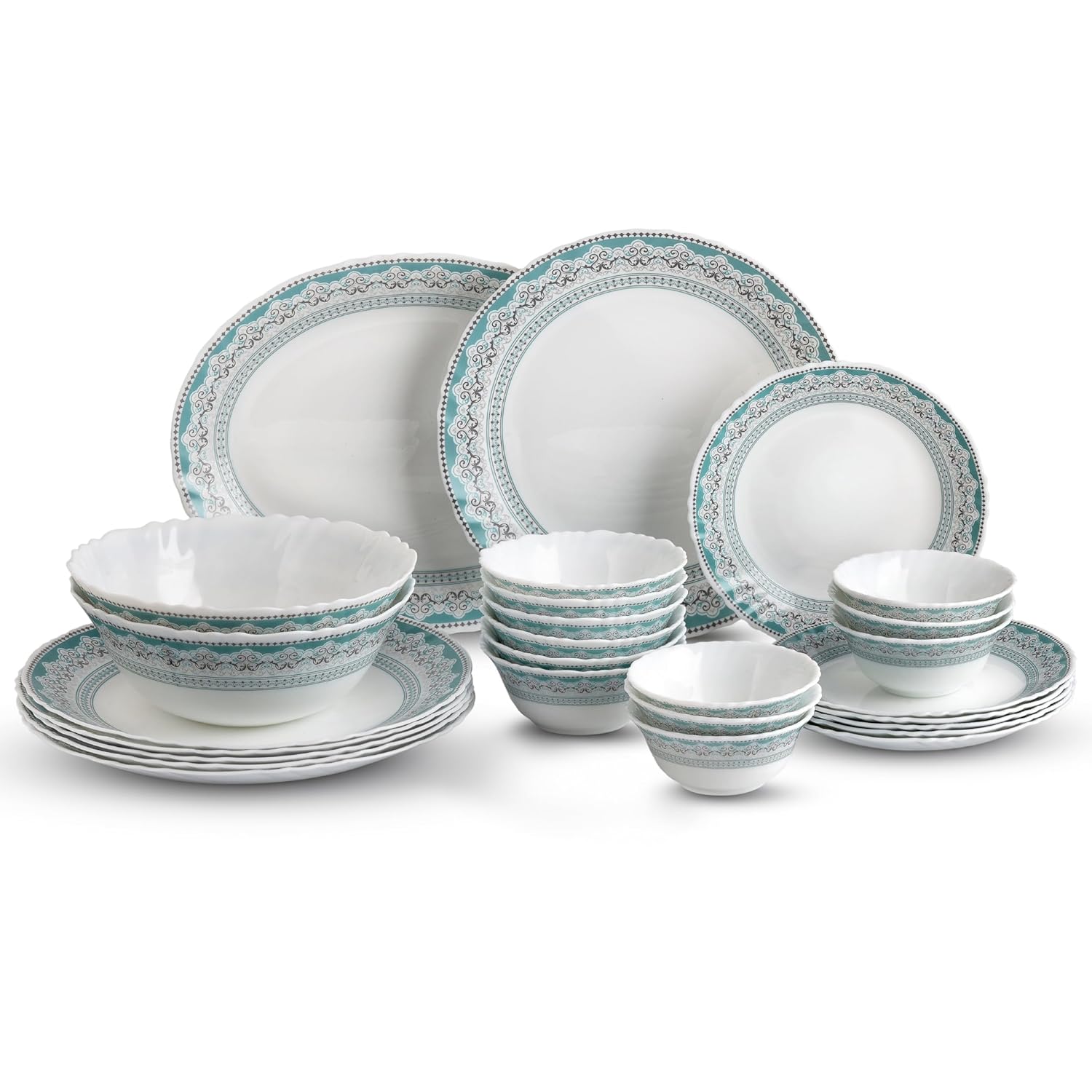 CELLO Celeste Imperial Plus Series Opalware Dinner Set of 27 Piece For Family of 6 | Bone-Ash Free & Leadfree Opal Glass Microwave & Dishwasher Safe Crockery Plates & Bowls Set For Daily Use & Gifting