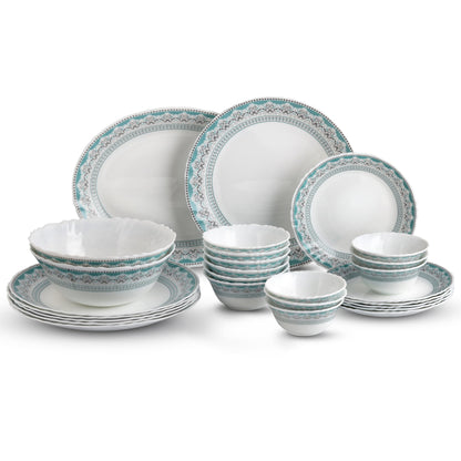 CELLO Celeste Imperial Plus Series Opalware Dinner Set of 27 Piece For Family of 6 | Bone-Ash Free & Leadfree Opal Glass Microwave & Dishwasher Safe Crockery Plates & Bowls Set For Daily Use & Gifting