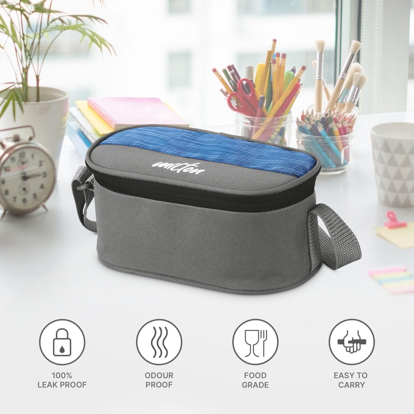 MILTON Master Lunch Max (3 Microwave Safe Inner Steel Containers,1 x 675 ml, 2 X 280 ml Each) with Insulated Fabric Jacket, Blue | Lunch Box | Light Weight | Leak Proof | Easy to Carry | Food Grade