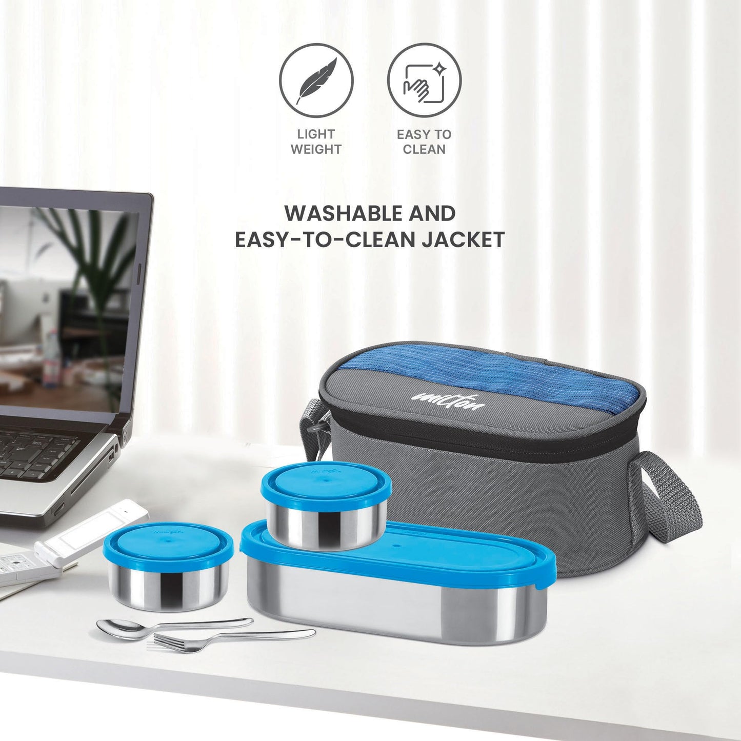 MILTON Master Lunch Max (3 Microwave Safe Inner Steel Containers,1 x 675 ml, 2 X 280 ml Each) with Insulated Fabric Jacket, Blue | Lunch Box | Light Weight | Leak Proof | Easy to Carry | Food Grade