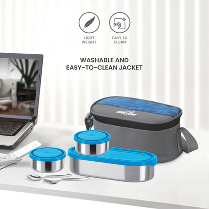 MILTON Master Lunch Max (3 Microwave Safe Inner Steel Containers,1 x 675 ml, 2 X 280 ml Each) with Insulated Fabric Jacket, Blue | Lunch Box | Light Weight | Leak Proof | Easy to Carry | Food Grade