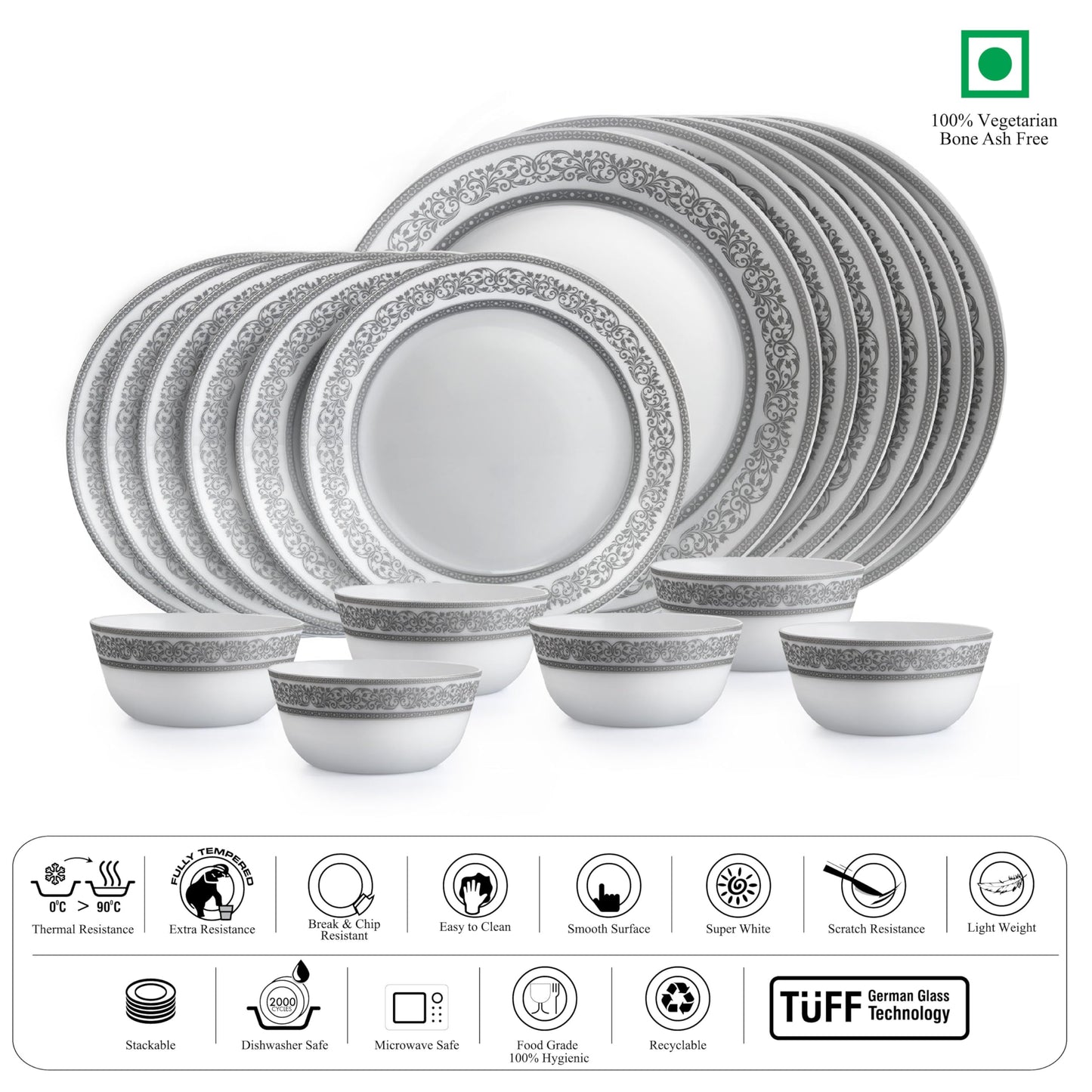 CELLO Argento Solitaire Series Opalware Dinner Set of 18 Pieces for Family of 6 | Bone-Ash Free & Leadfree Opal Glass Microwave & Dishwasher Safe, Crockery Plates & Bowls Set for Daily Use & Gifting
