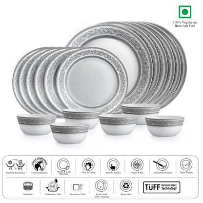 CELLO Argento Solitaire Series Opalware Dinner Set of 18 Pieces for Family of 6 | Bone-Ash Free & Leadfree Opal Glass Microwave & Dishwasher Safe, Crockery Plates & Bowls Set for Daily Use & Gifting