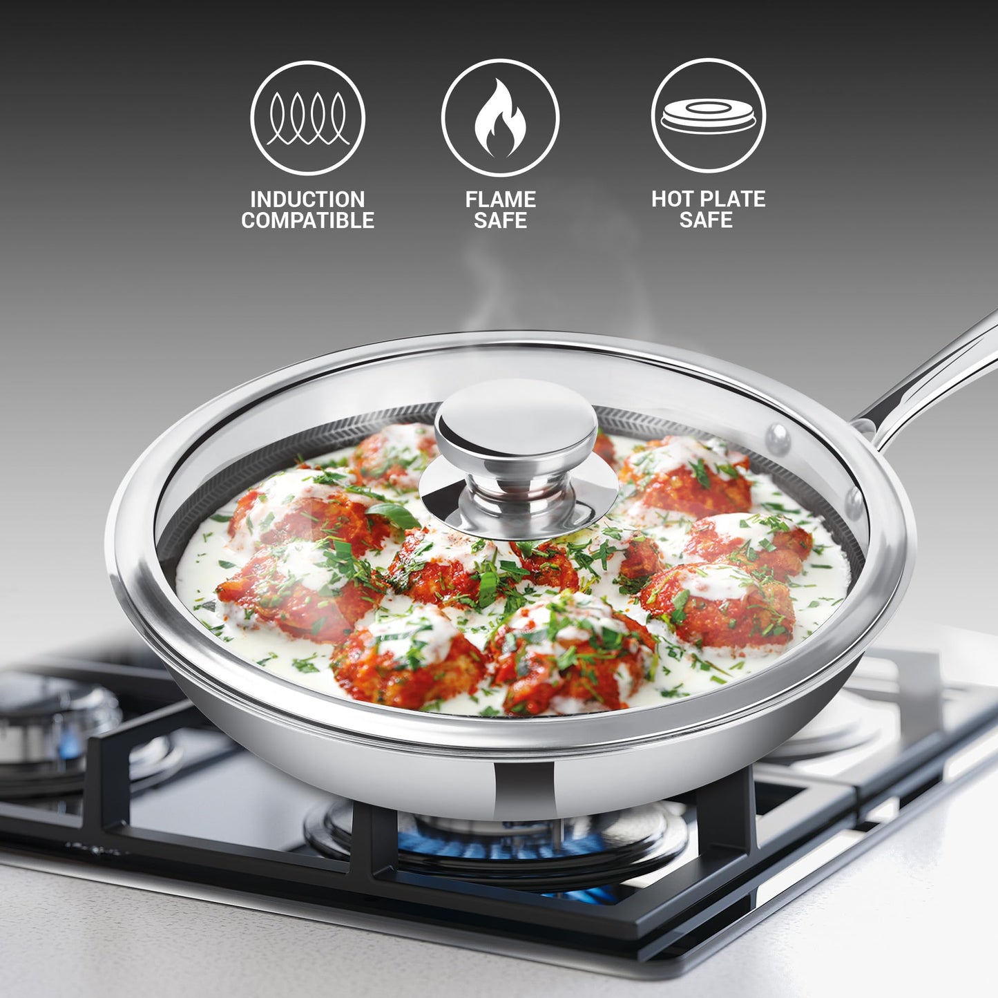 Milton Pro Cook Induction Cookware & Gas Stove Friendly Triply Hexa Tech Stainless Steel Frying Pan with Glass Lid 22cm, 1.3L | Honeycomb Non-Stick Fry Pan | Metal Spoon Friendly | 3Y Warranty |Silver