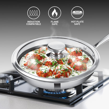 Milton Pro Cook Induction Cookware & Gas Stove Friendly Triply Hexa Tech Stainless Steel Frying Pan with Glass Lid 22cm, 1.3L | Honeycomb Non-Stick Fry Pan | Metal Spoon Friendly | 3Y Warranty |Silver