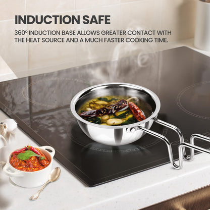 MILTON Pro cook Induction Cookware & Gas Stove Friendly Triply Stainless Steel Tadka Pan 12 cm | 370 ml Capacity | Frying Dal & Spices | Long Handle | Smooth Finish | 3 Year Warranty