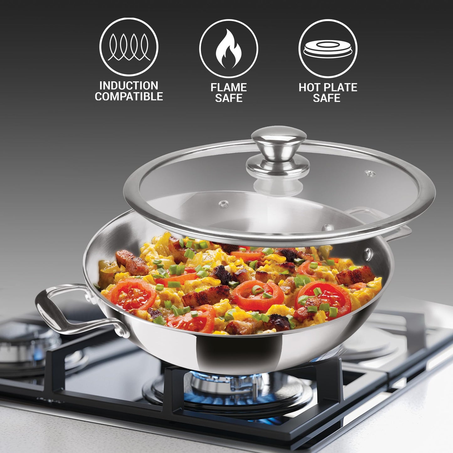 Milton Pro Cook Induction Cookware & Gas Stove Friendly Triply Stainless Steel 4Pc Cookware Set | Tea Pan 16 cm | Fry Pan 22 cm | Kadai with Glass Lid 24 cm | Even & Fast Cooking | 3 Years Warranty