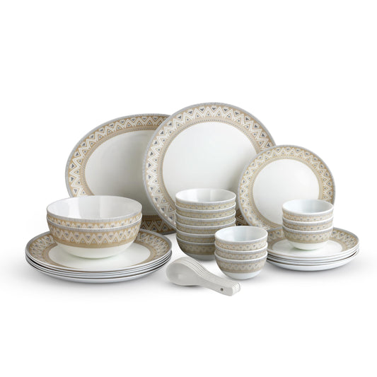 Cello Opalware Divine Series Trinity 33 Pieces Dinner Set | Opal Glass Crockery for 6 | Bone Ash-Free, Lightweight, Elegant White Plate & Bowl Set |Opalglass Dinner Set for Daily Use & Gifting