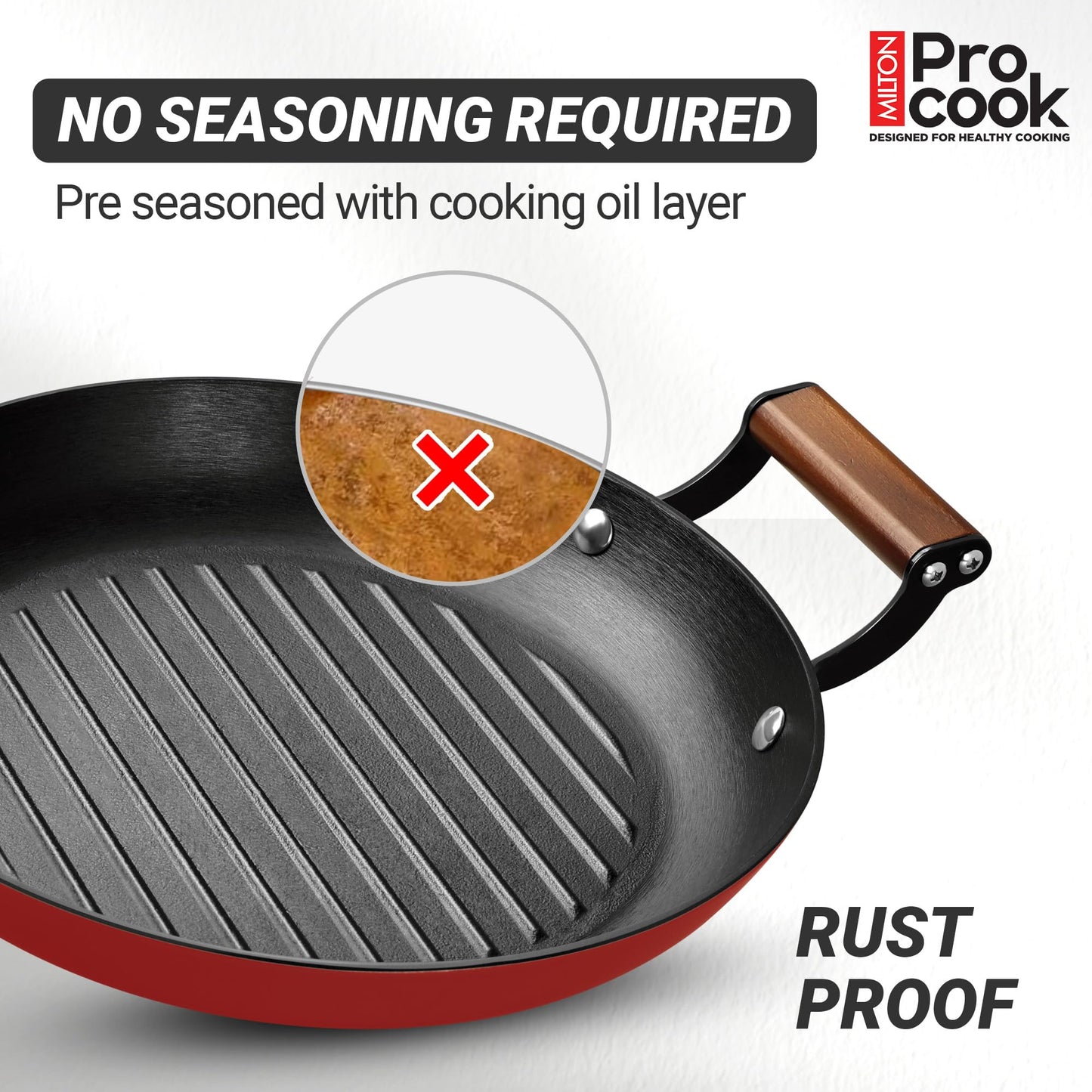 MILTON Pro cook Induction Cookware & Gas Stove Friendly Enameled Coating Grill Cooking Pan 28 cm | Rust Proof | No Seasoning Needed | Red