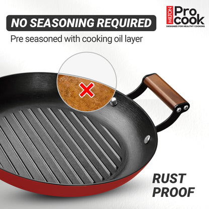 MILTON Pro cook Induction Cookware & Gas Stove Friendly Enameled Coating Grill Cooking Pan 28 cm | Rust Proof | No Seasoning Needed | Red