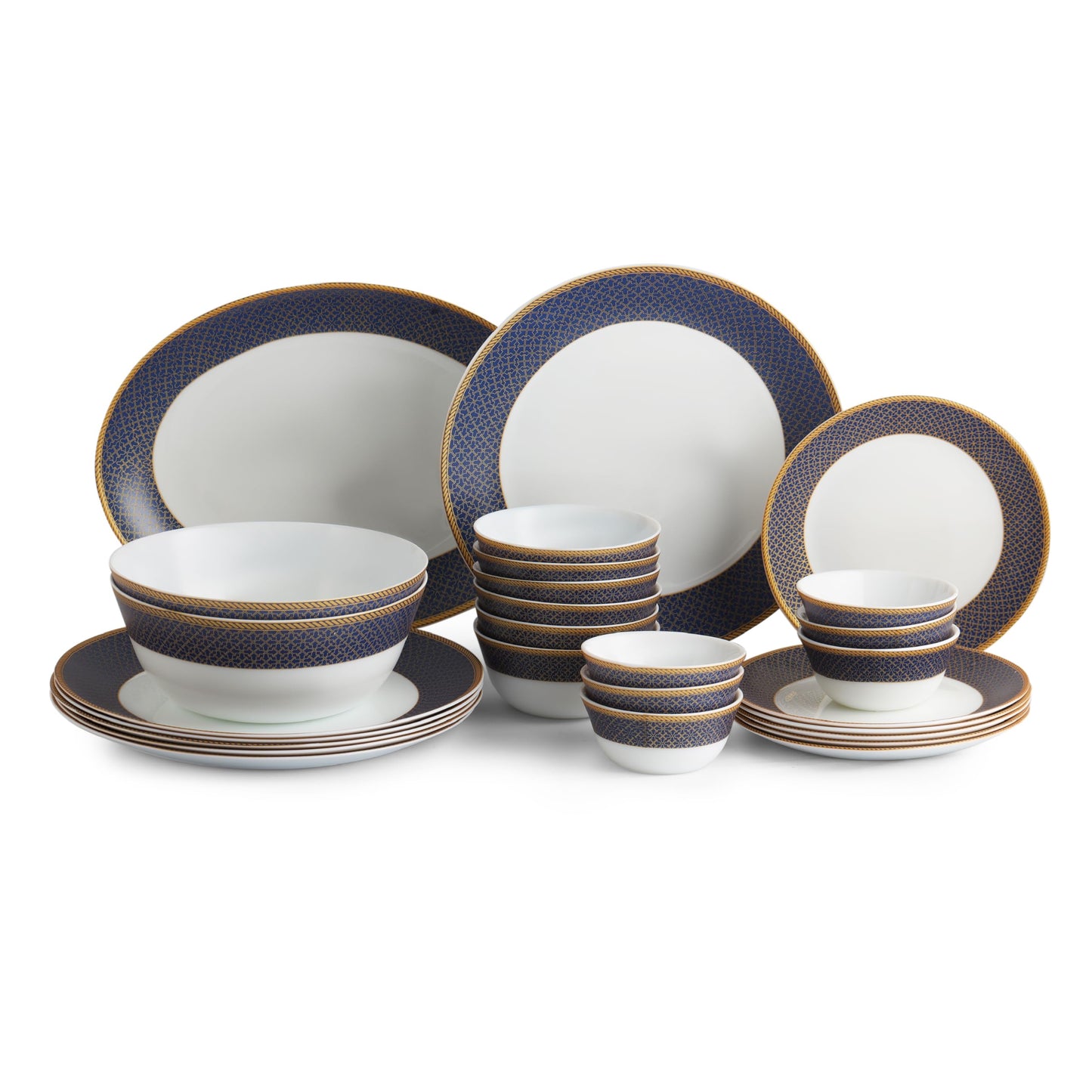 Cello Opalware Solitaire Series Sapphire Dinner Set, 27 Units | Opal Glass Dinner Set for 6 | Crockery Set for Festive Ocassions, Parties | White Plate and Bowl Set