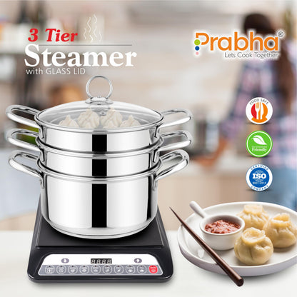Prabha Stainless Steel Induction Base Steamer with Transparent Glass Lid, 3 Tier, Advanced Vapourisation with 2 Year Manufacturer Warranty