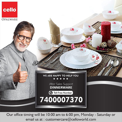 Cello Opalware Dazzle Series Lush Fiesta 35 Piece Dinner Set Serving for 6 | Bone Ash-Free | Lightweight, Elegant White Plates & Bowls Set | Opal Glass Crockery Set for Daily Use Dinning & Gifting