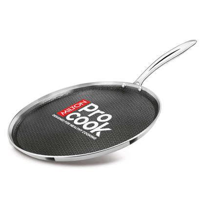 Milton Pro Cook Induction Cookware & Gas Stove Friendly Triply Stainless Steel Hexa Tech Omni Tawa 30cm | 3.5mm Thick | Greblon C3+ Coating Non Stick Dosa Tawa | PFOA-Free | Sturdy Handle |3Y Warranty