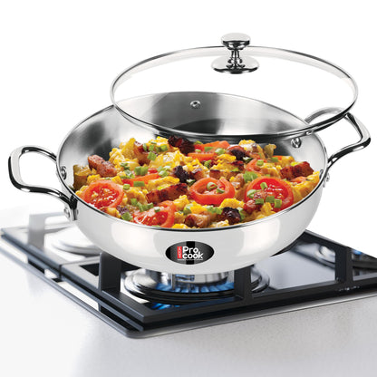 Milton Pro Cook Stainless Steel Kadhai with Glass Lid, 28 cm / 4.2 litres, Sandwich Bottom Cookware, Induction and Gas Stove Friendly Kadai for Cooking, Deep Frying, Stir-Fry, Silver