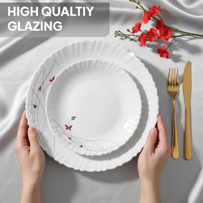 CELLO Lush Fiesta Dazzle Series Opalware Dinner Set of 37 Pieces for Family of 6 | Bone-Ash Free & Leadfree Opal Glass, Microwave & Dishwasher Safe, Plates & Bowls Crockery Set for Dining & Gifting