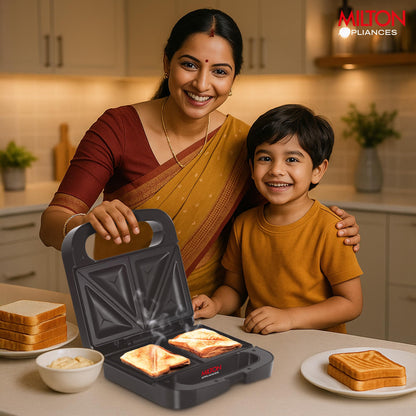 Milton Sandwich Maker HSM011, Sandwich Griller and Toaster, 750 Watt Sandwich Maker Electric Griller for Home, Non Stick Coated Dual Grill Sandwich Plates for Sandwiches, 2 Year Warranty, Black
