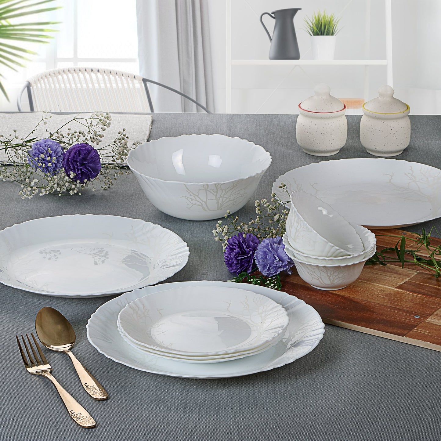 Cello Imperial Winter Frost Opalware Dinner Set, 11 inch Full Plate, 33 Units, White
