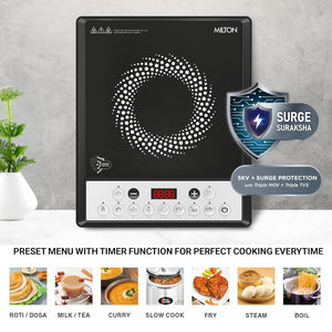 Milton Euroline Elio 16.0 Portable 1600 W Induction Cooktop | LED Display Panel, 5KV Surge Protection | Timer & Preset Menu Functions | Soft Touch Buttons | Fast Cooking | 3-Year Warranty on Coil