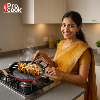 MILTON Pro cook Induction Cookware & Gas Stove Friendly Enameled Coating Grill Cooking Pan 28 cm | Rust Proof | No Seasoning Needed | Red