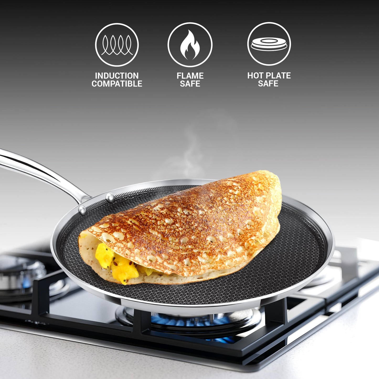 Milton Pro Cook Induction Cookware & Gas Stove Friendly Triply Stainless Steel Hexa Tech Omni Tawa 30cm | 3.5mm Thick | Greblon C3+ Coating Non Stick Dosa Tawa | PFOA-Free | Sturdy Handle |3Y Warranty