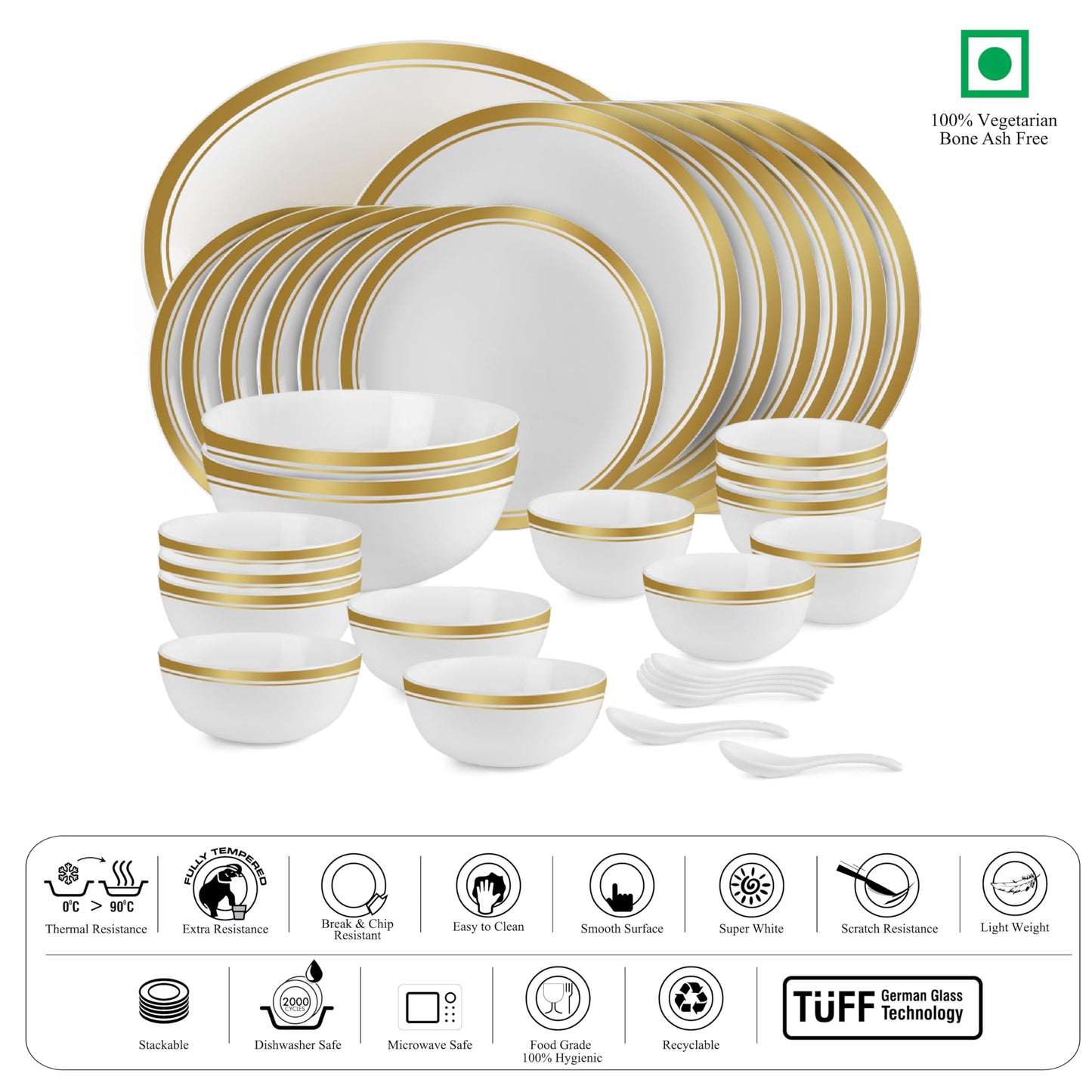 Cello Opalware Divine Gold Lines Dinner Set, 33 Units | Microwave & Dishwasher Safe | Light-Weight & Thermal Resistant | Crockery Set for Dining & Gifting