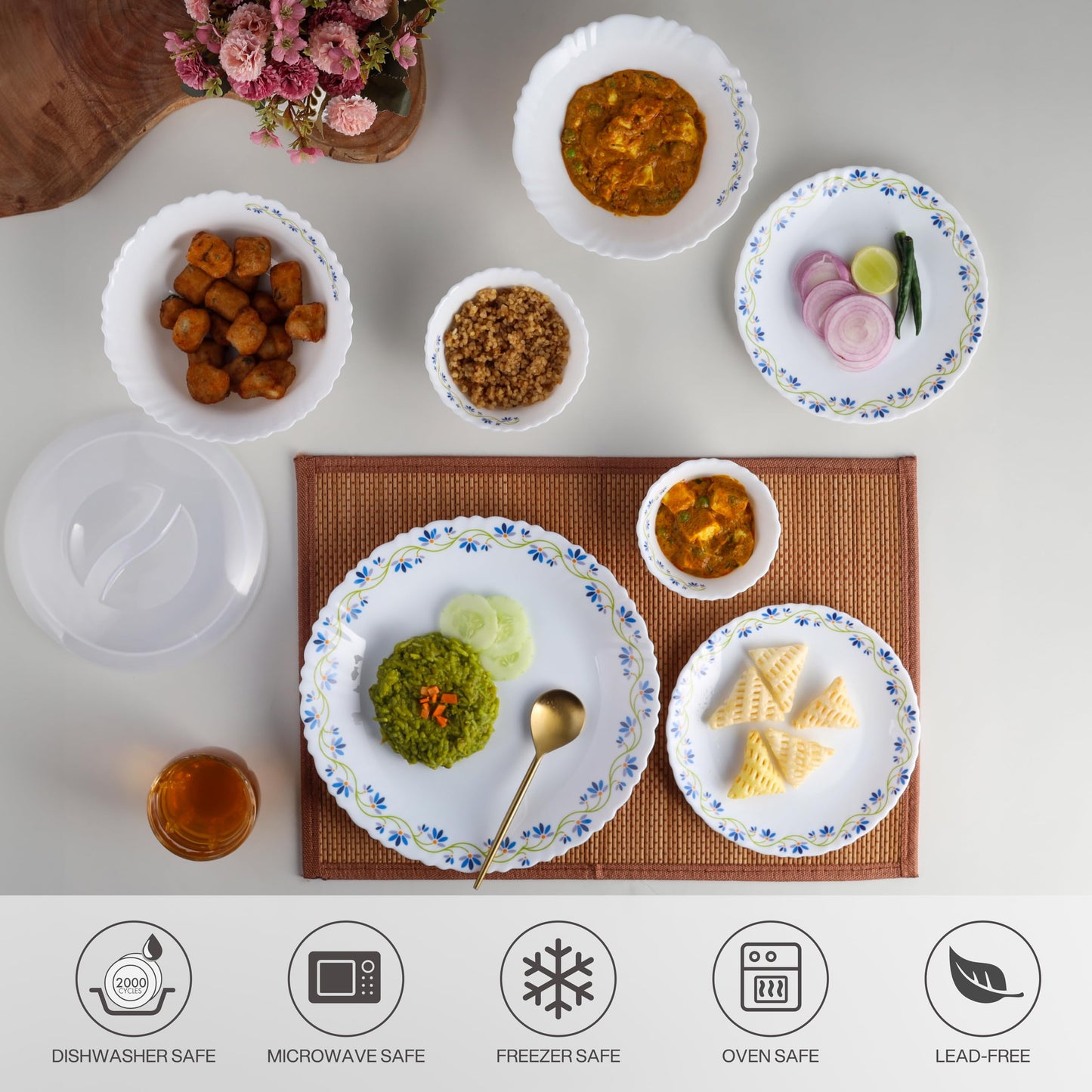 Cello Opalware Dazzle Series Morning Glory Dinner Set, 35 Units | Opal Glass Crockery for 6 | Microwave & Dishwasher Safe | Light-Weight & Thermal Resistant | Crockery Set for Dining & Gifting