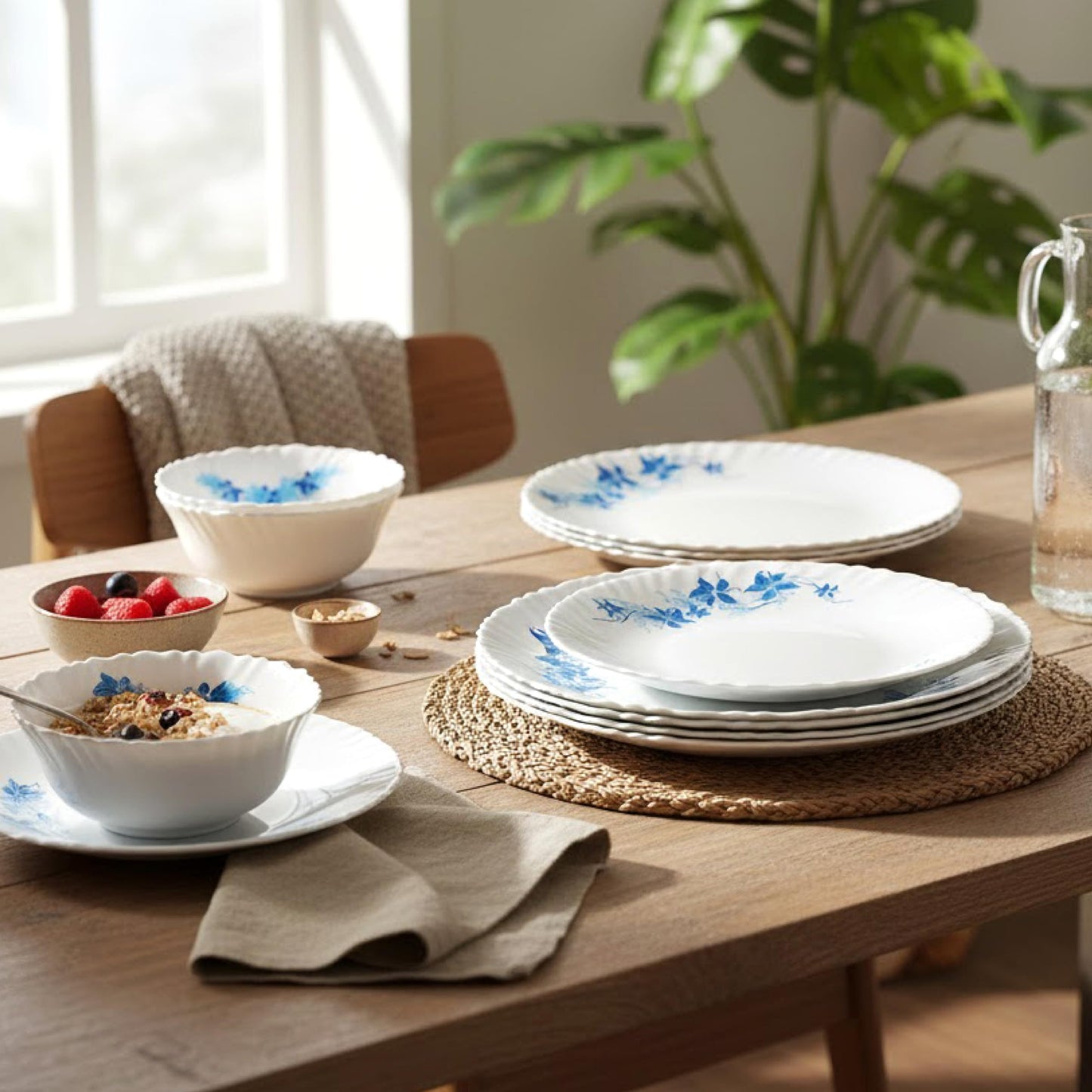 CELLO Blue Swirl Dazzle Series Opalware Dinner Set of 23 Pieces for Family of 6 | Bone-Ash Free & Leadfree Opal Glass, Microwave & Dishwasher Safe, Plates & Bowls Crockery Set for Dining & Gifting