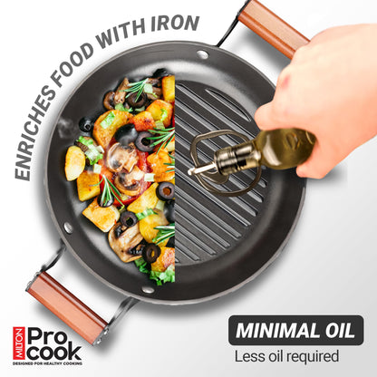 MILTON Pro cook Induction Cookware & Gas Stove Friendly Enameled Coating Grill Cooking Pan 28 cm | Rust Proof | No Seasoning Needed | Red