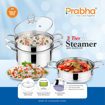 Prabha Stainless Steel Induction Base Steamer with Transparent Glass Lid, 3 Tier, Advanced Vapourisation with 2 Year Manufacturer Warranty