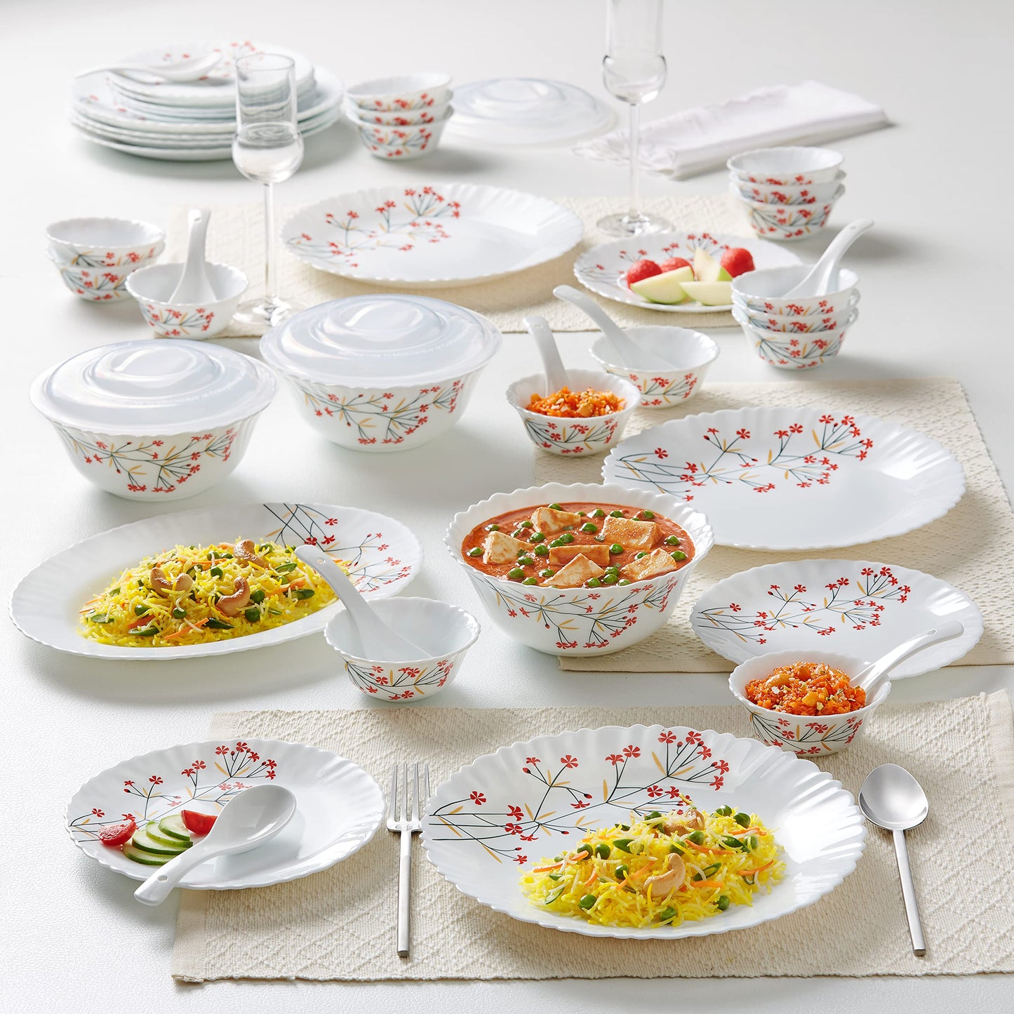 Larah by Borosil Red Bud Silk Series Opalware Dinner Set | 35 Pieces for Family of 6 | Microwave & Dishwasher Safe | Bone-Ash Free | Crockery Set for Dining & Gifting | Plates & Bowls | White,Floral