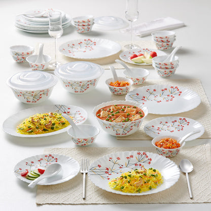 Larah by Borosil Red Bud Silk Series Opalware Dinner Set | 35 Pieces for Family of 6 | Microwave & Dishwasher Safe | Bone-Ash Free | Crockery Set for Dining & Gifting | Plates & Bowls | White,Floral
