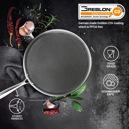 Milton Pro Cook Induction Cookware & Gas Stove Friendly Triply Stainless Steel Hexa Tech Omni Tawa 30cm | 3.5mm Thick | Greblon C3+ Coating Non Stick Dosa Tawa | PFOA-Free | Sturdy Handle |3Y Warranty