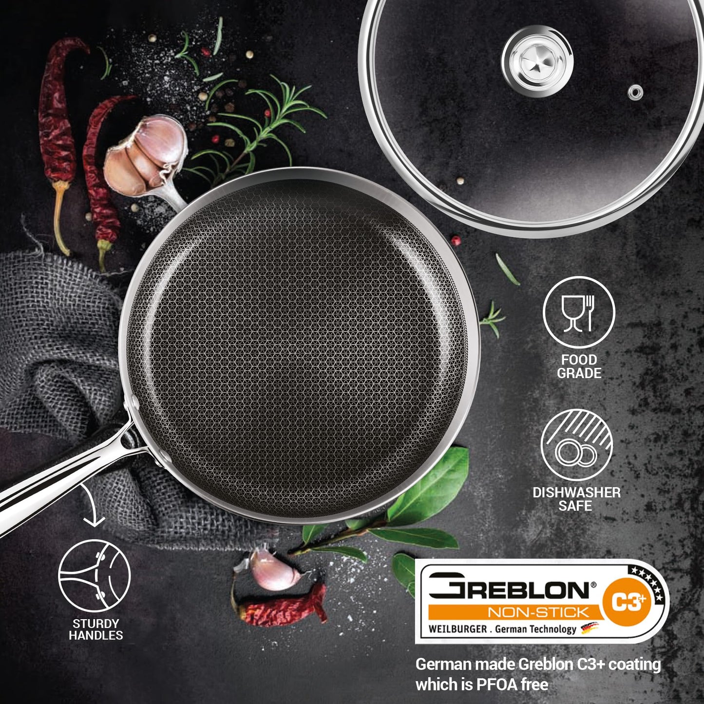 Milton Pro Cook Induction Cookware & Gas Stove Friendly Triply Hexa Tech Stainless Steel Frying Pan with Glass Lid 22cm, 1.3L | Honeycomb Non-Stick Fry Pan | Metal Spoon Friendly | 3Y Warranty |Silver