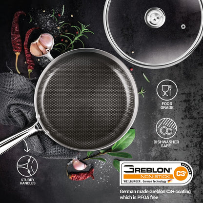 Milton Pro Cook Induction Cookware & Gas Stove Friendly Triply Hexa Tech Stainless Steel Frying Pan with Glass Lid 22cm, 1.3L | Honeycomb Non-Stick Fry Pan | Metal Spoon Friendly | 3Y Warranty |Silver