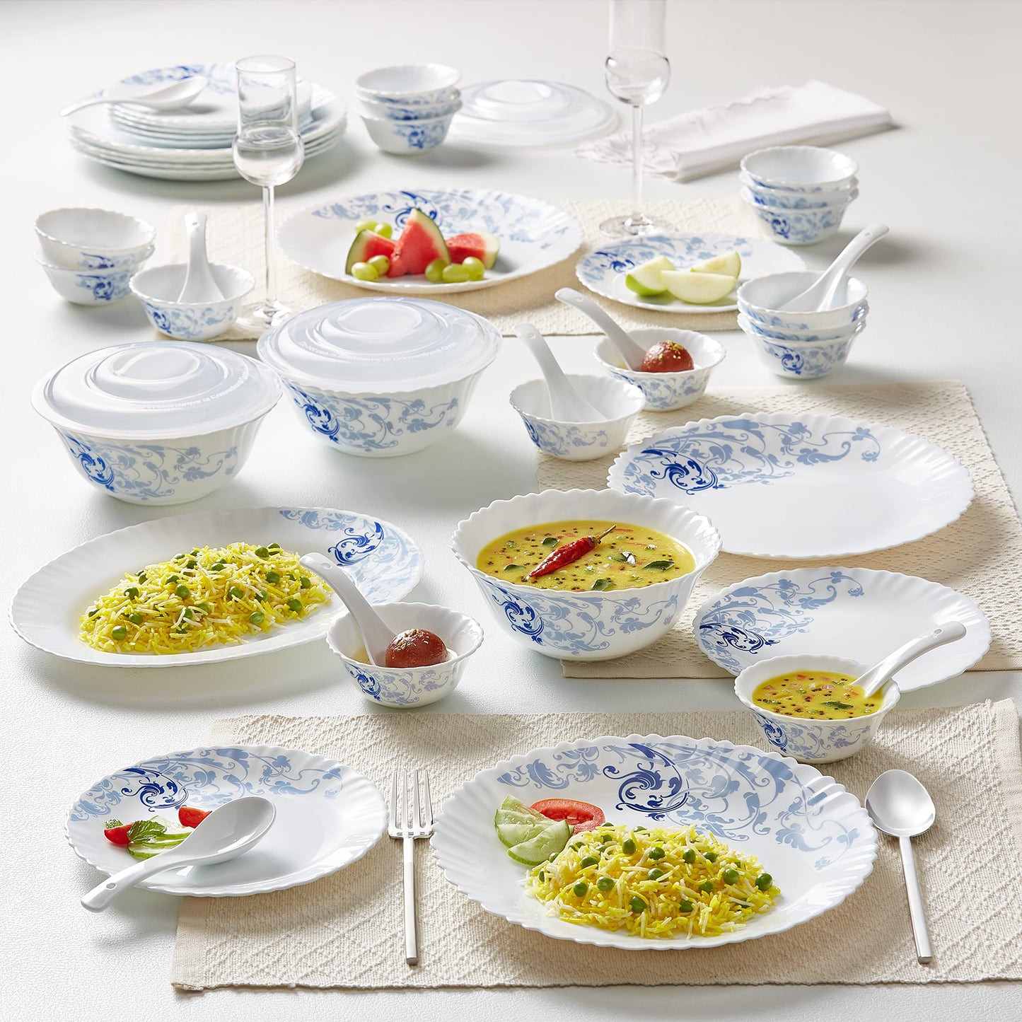 Larah by Borosil Silk Series Opalware Dinner Set | 19 Pieces for Family of 6 | Microwave & Dishwasher Safe | Bone-Ash Free | Crockery Set for Dining & Gifting | Plates & Bowls (Blue Eve)