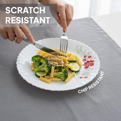 CELLO Scarlet Bliss Dazzle Series Opalware Dinner Set of 18 Pieces for Family of 6 | Bone-Ash Free & Leadfree Opal Glass, Microwave & Dishwasher Safe, Plates & Bowls Crockery Set for Dining & Gifting