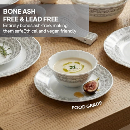 CELLO Oxford Imperial Plus Series Opalware Dinner Set of 33 Piece For Family of 6 | Bone-Ash Free & Leadfree Opal Glass Microwave & Dishwasher Safe, Crockery Plates & Bowls Set For Daily Use & Gifting