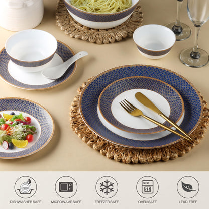 Cello Opalware Solitaire Series Sapphire Dinner Set, 27 Units | Opal Glass Dinner Set for 6 | Crockery Set for Festive Ocassions, Parties | White Plate and Bowl Set