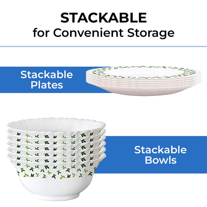 Larah by Borosil Sage Silk Series Opalware Dinner Set of Plates, Veg Bowls, Soup Bowl, Spoons, Serving Bowl with Lid