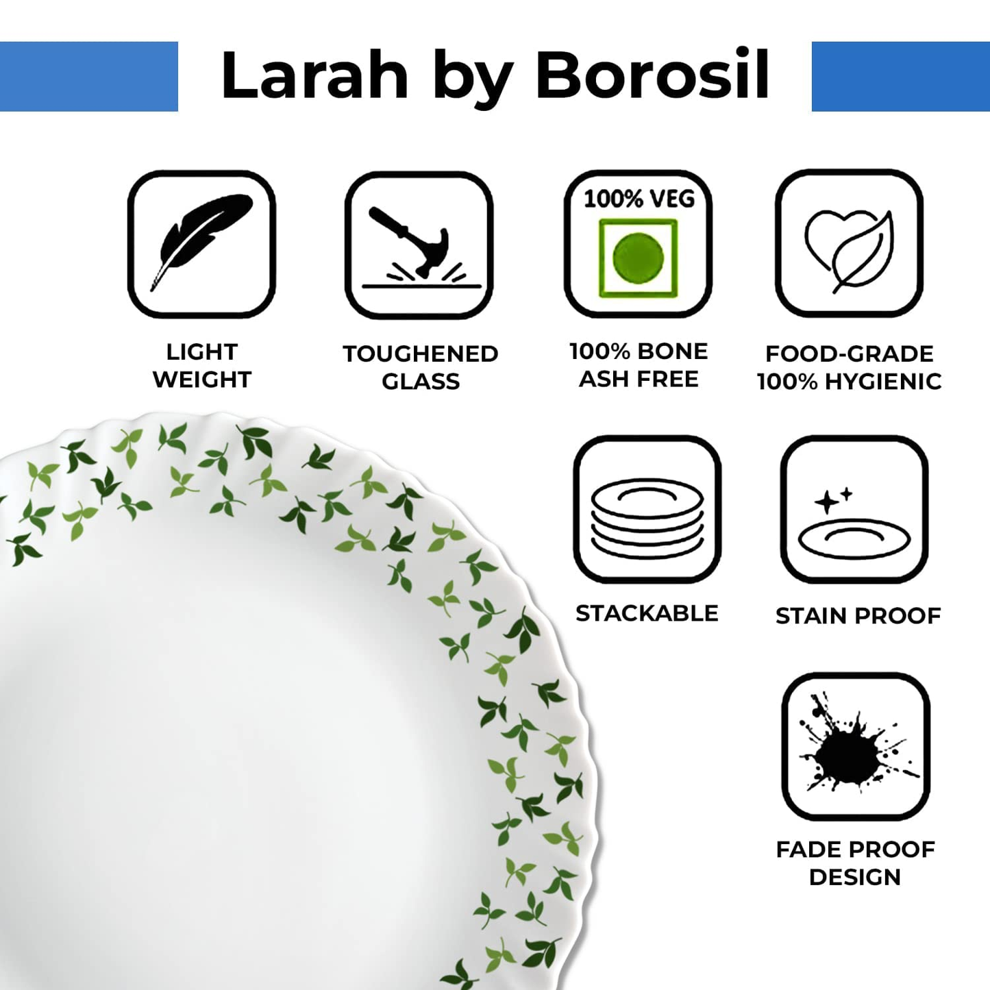 Larah by Borosil Sage Silk Series Opalware Dinner Set of Plates, Veg Bowls, Soup Bowl, Spoons, Serving Bowl with Lid