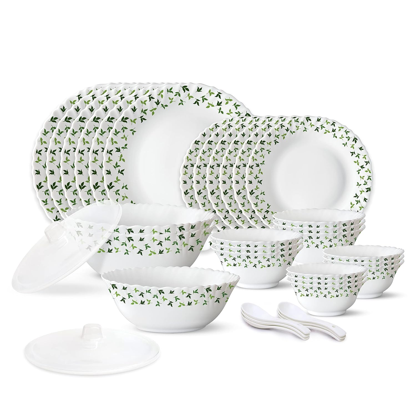 Larah by Borosil Sage Silk Series Opalware Dinner Set of Plates, Veg Bowls, Soup Bowl, Spoons, Serving Bowl with Lid