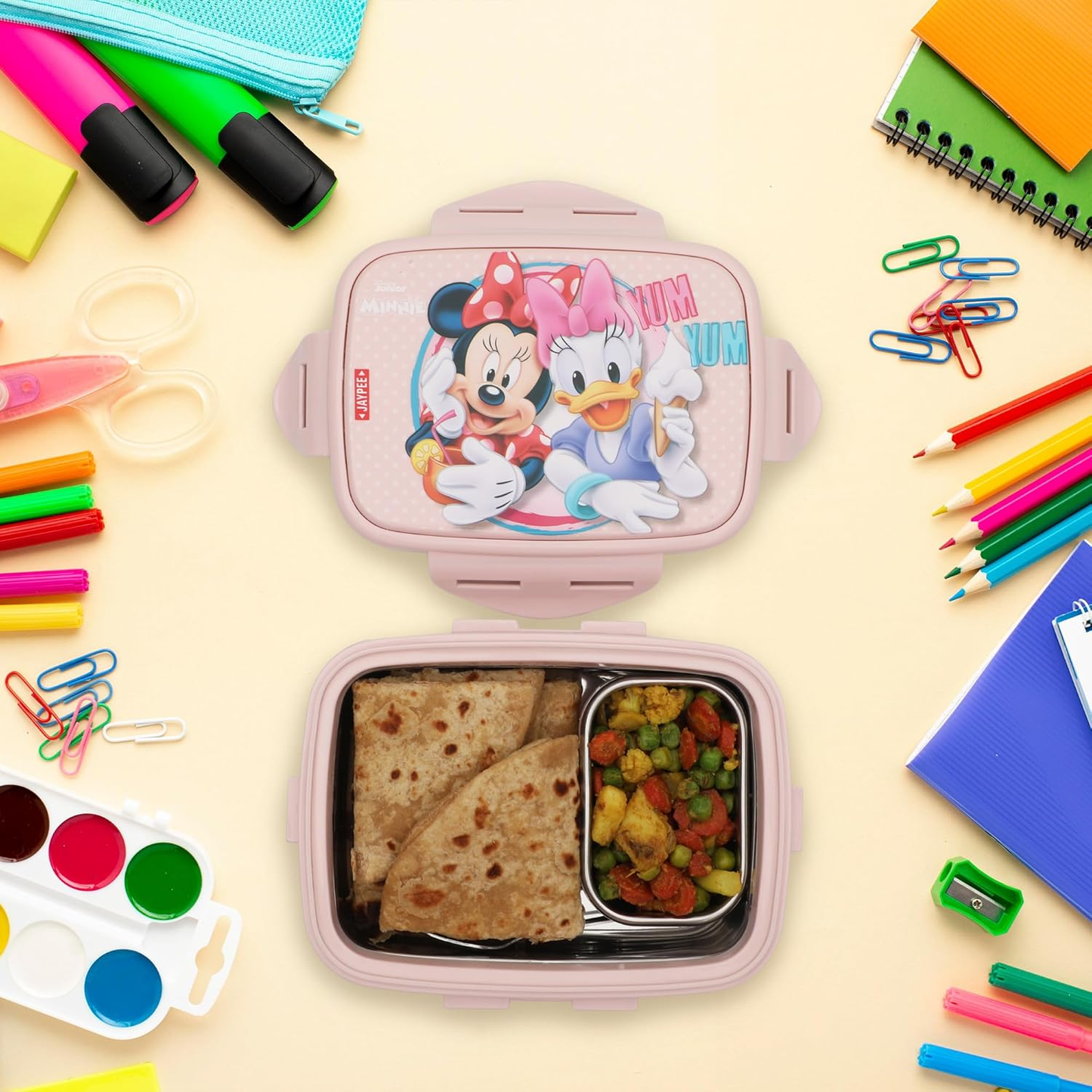 JAYPEE Steel Tek Jr. Insulated Lunch Box Mickey Mouse & Donald Duck, Pink, 400 ml
