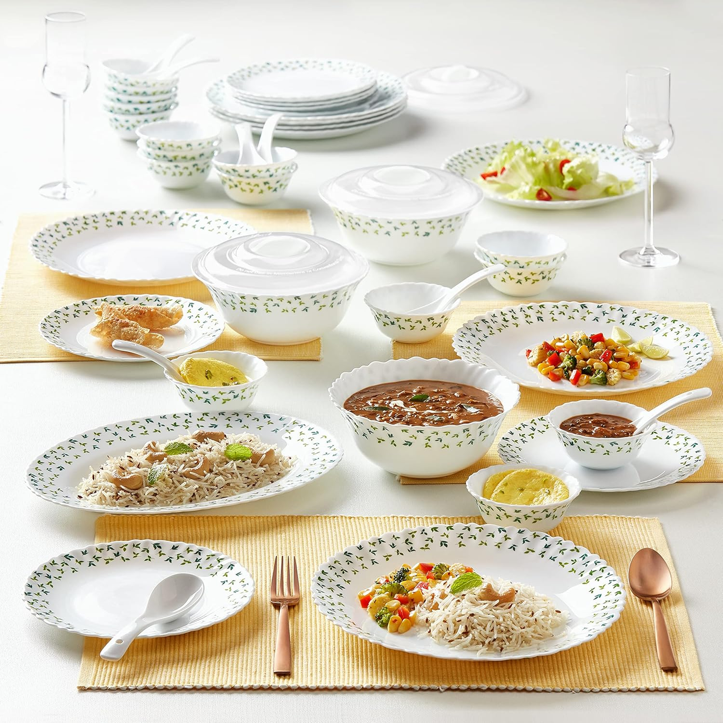 Larah by Borosil Sage Silk Series Opalware Dinner Set of Plates, Veg Bowls, Soup Bowl, Spoons, Serving Bowl with Lid