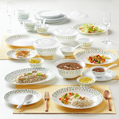Larah by Borosil Sage Silk Series Opalware Dinner Set of Plates, Veg Bowls, Soup Bowl, Spoons, Serving Bowl with Lid