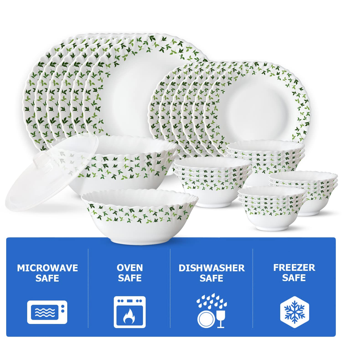 Larah by Borosil Sage Silk Series Opalware Dinner Set of Plates, Veg Bowls, Soup Bowl, Spoons, Serving Bowl with Lid