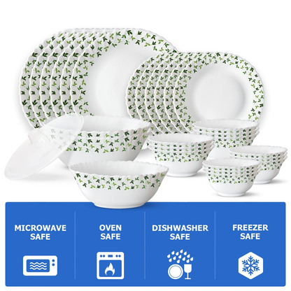 Larah by Borosil Sage Silk Series Opalware Dinner Set of Plates, Veg Bowls, Soup Bowl, Spoons, Serving Bowl with Lid