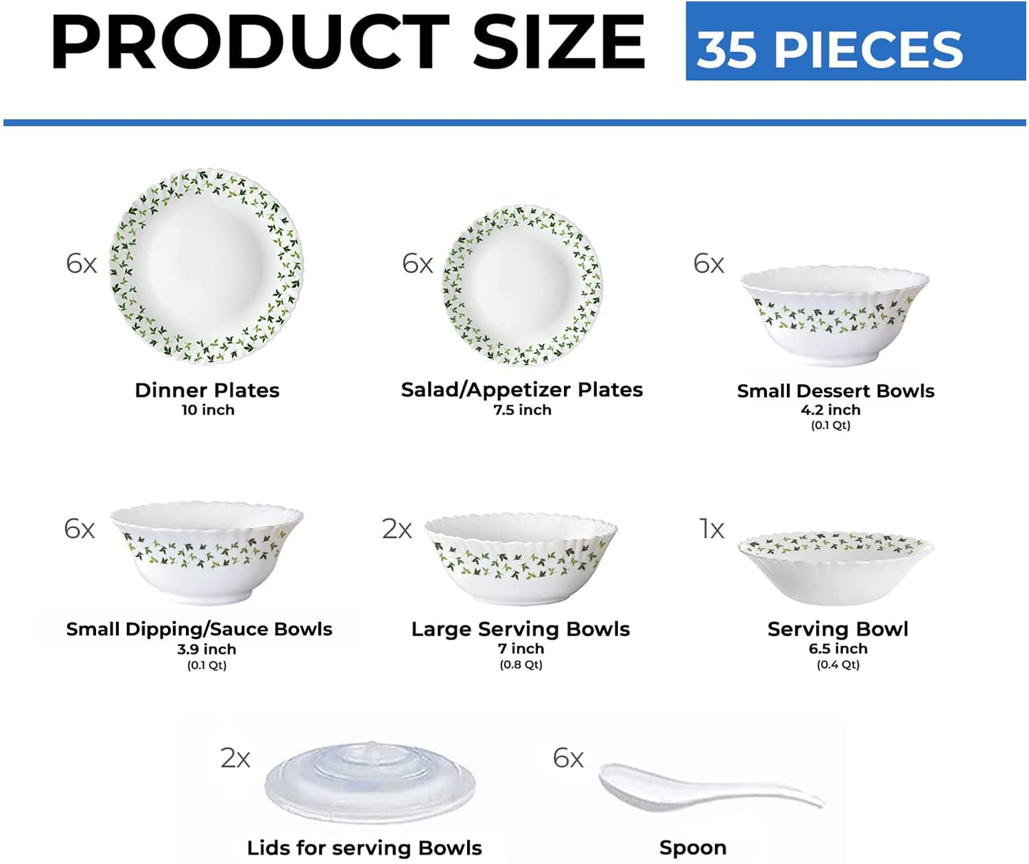 Larah by Borosil Sage Silk Series Opalware Dinner Set of Plates, Veg Bowls, Soup Bowl, Spoons, Serving Bowl with Lid
